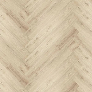 lichte beige eiken vloer in visgraatpatroon met subtiele houtstructuur en fijne noesten
