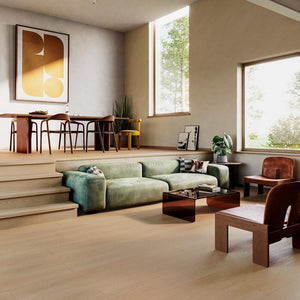 licht beige eiken vloer met duidelijke houtnerfstructuur en brede planken zonder patroon